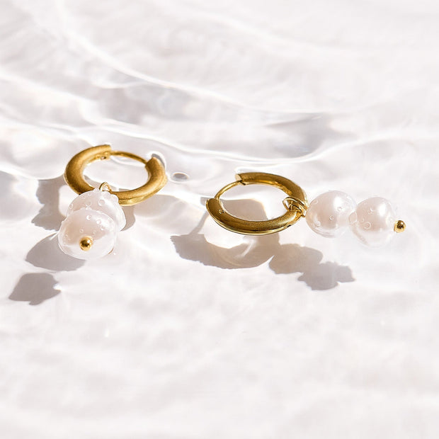 Double Pearl Drop Hoop Earrings